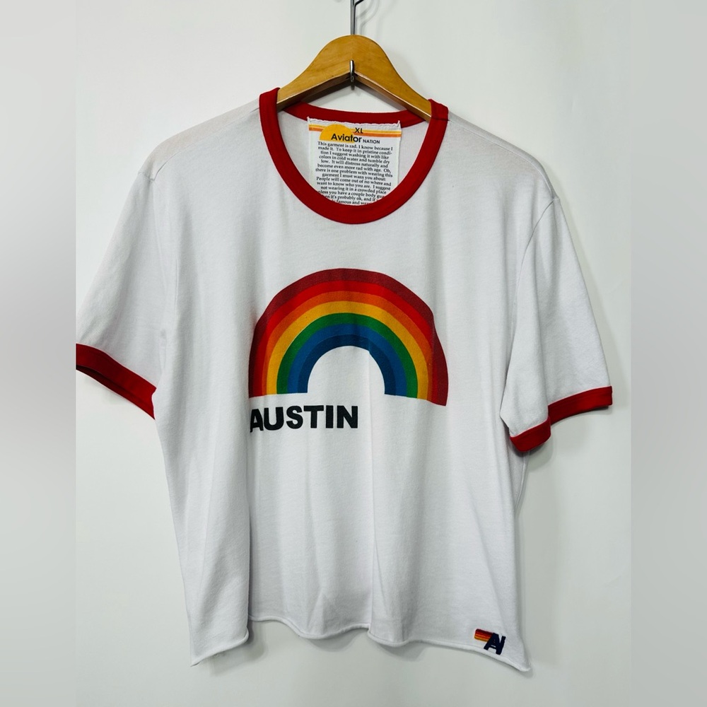 Aviator Nation Austin Rainbow Graphic Short Sleeve Raglan Crop Top Size XLARGE - Picture 3 of 11